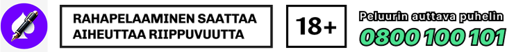 Varoituspalkissa "Rahapelaaminen saattaa aiheuttaa riippuvuutta" "18+" ja "Peluurin auttava puhelin 0800100100" kehoitukset.