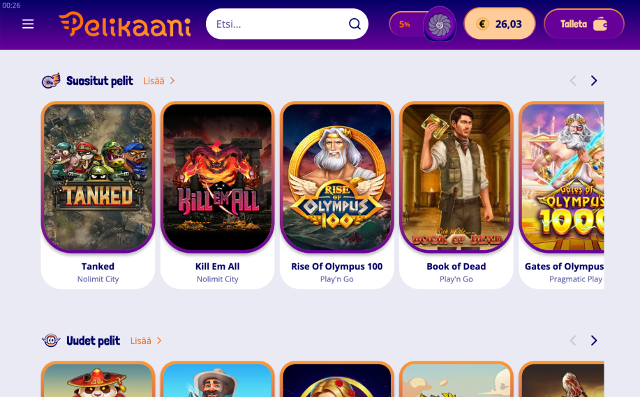 Rahapelisanomat testaaja kirjautunut sisälle Pelikaani-nettikasinoon. Saldo 26 € ja sivulla näkyy pelejä Nolimit City:ltä, Play'n GO:lta ja Pragmatic Play:lta.