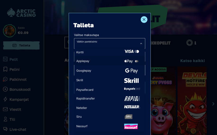 Arctic Casino näyttää paljon enemmän maksutapoja mihin kasinoilla ilman rekisteröitymistä on totuttu.