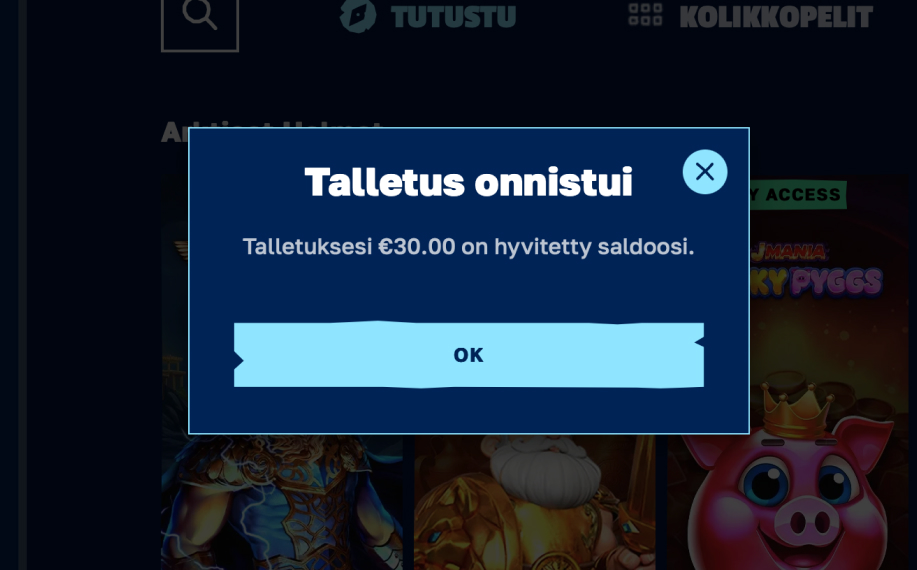 Kuvassa Rahapelisanomien tekemä onnistunut 30 € talletus Arctic Casinolle.