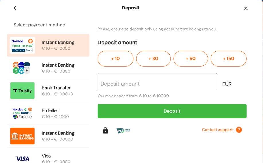 Betsson kasinon talletusnäkymä, jossa maksutapoina näkyvät Instant Banking, Trustly, EuTeller ja Visa sekä talletusvaihtoehdot 10–10000 euroa.