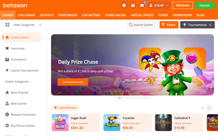 Betsson nettikasinon etusivu, jossa näkyy Daily Prize Chase -kampanja, pelikategorioita vasemmalla sekä viimeisimmät voittajat peleistä Sugar Rush, Tucanito ja Cathedral 9.