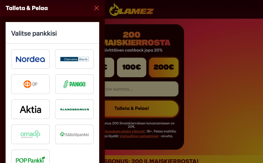 Trumo-talletusnäkymä Flamez kasinolla. Listattuna ovat kaikki suomalaiset pankit.