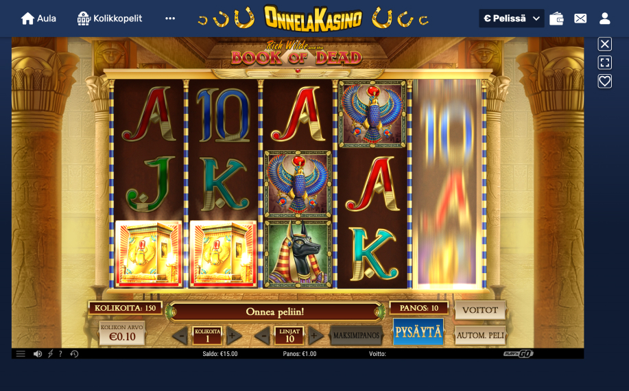 Kuvassa Book of Dead -peli, jossa testipanos 1 € ja bonuspeli alkamassa. Rahapelisanomat testisaldo 15€.