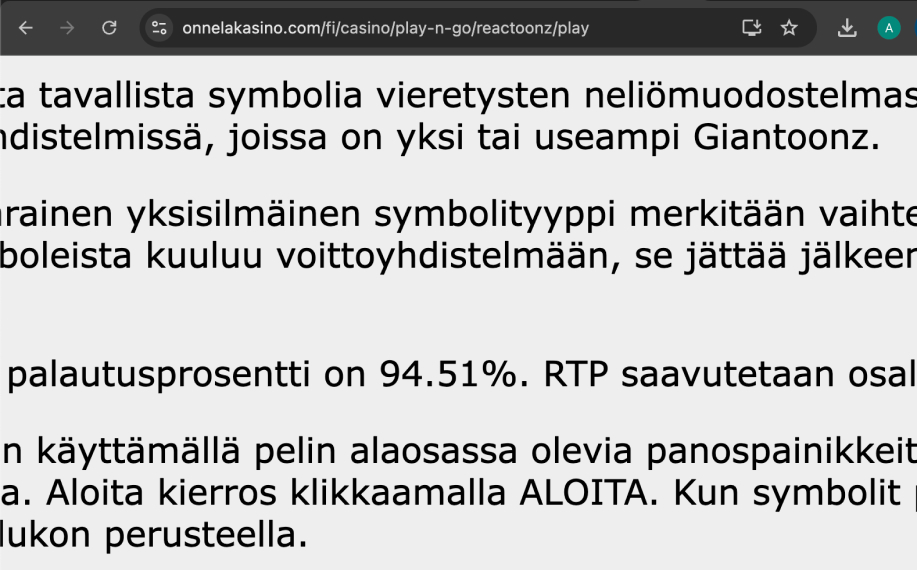 Kuvankaappaus Onnela Kasinon Reactoonz-pelin tiedoista, missä näkyy että palautusprosentti on 95,51.