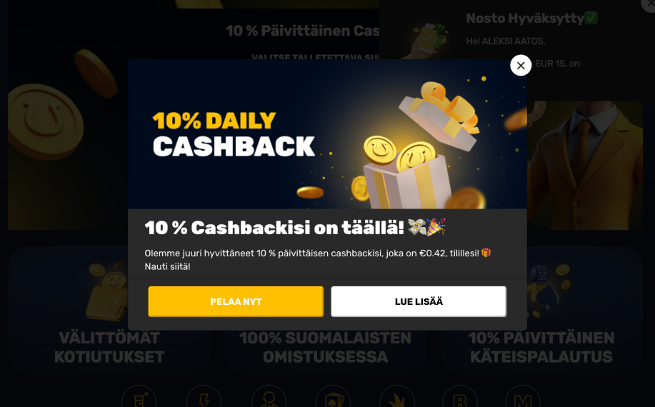 Kuvassa näkyy että Onnela Kasino on antanut Rahapelisanomat testaajalle 0,42 € euron käteispalautuksen.