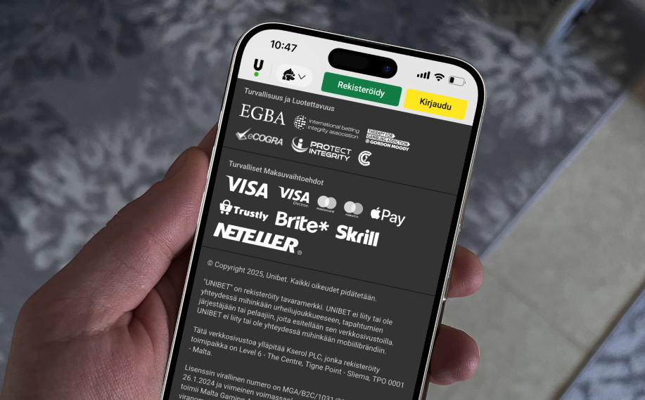 Unibet mobiilikasino näyttää sen operointiyritykseksi Kserol PLC joka on maltalainen yritys
