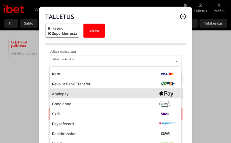 Rahapelisanomat testaaja on valitsemassa Apple Pay iBet kasino- ja vedonlyöntisivustolla. Muita vaihtoehtoja ovat muun muassa Google Pay ja Paysafecard.
