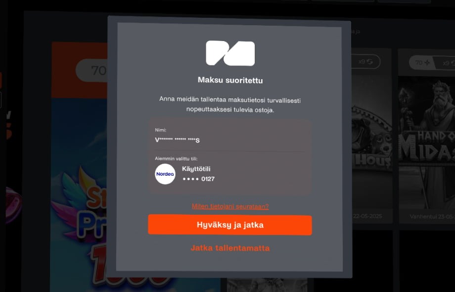 Maksu suoritettu Ninja Casinolla ilman tiliä, Nordea-käyttötili tallennettuna nopeampia ostoksia varten.