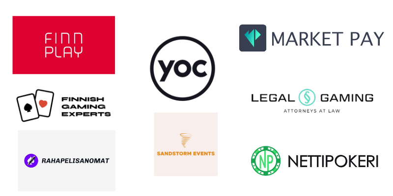 Kuvassa Rahapelialan pikkujoulujen yhteistyökumppanit, Finnplay, YOC, Market Pay, Finnish Gaming Experts, Legal Gaming Attorneys At Law, Rahapelisanomat, Sandstorm Events ja Nettipokeri. 