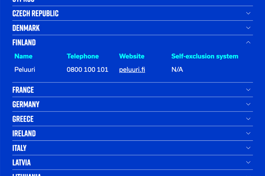 "Sinisellä taustalla oleva taulukko, jossa esitellään eri Euroopan maiden vastuullisen pelaamisen tukipalveluita. Suomella rivillä näkyy Peluuri-niminen palvelu, puhelinnumero 0800 100 101, verkkosivusto peluuri.fi ja tieto, ettei Suomessa erillistä itse-estojärjestelmää ole (N/A).
