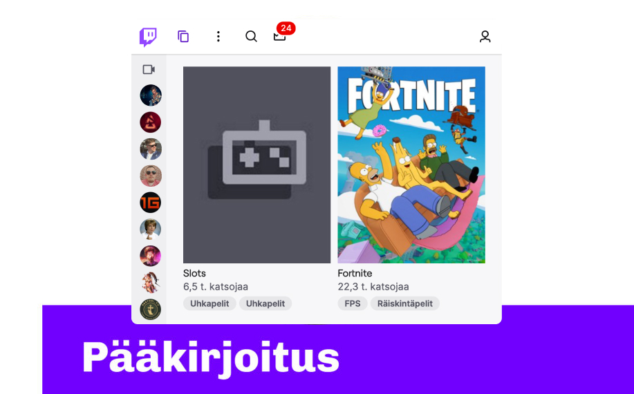 Rahapelisanomat pääkirjoitus kuvitus, keskellä Twitch.tv slottiosio.