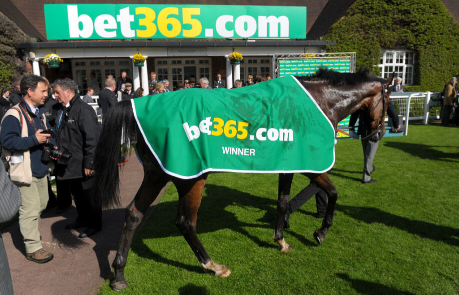 Hadrian's Approach (hevonen) Bet365 Jump Finale -kilpailun lopussa Sandownissa. Hevonen kantaa Bet365 vilttiä ja taustalla näkyy Bet365.com mainosplakaatti.