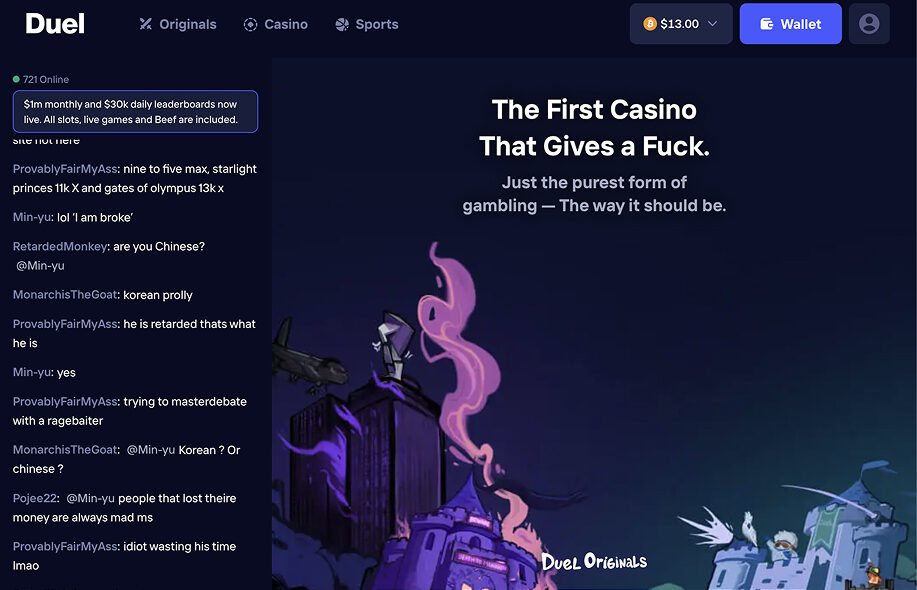 Duel nettikasinon etusivu ja chat. Alareunassa näkyy kasinon itse tekemiä pelejä.