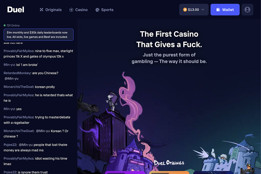 Duel nettikasinon etusivu ja chat. Alareunassa näkyy kasinon itse tekemiä pelejä.