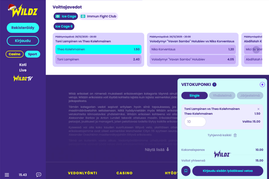 Wildz-vedonlyöntisivu, jossa näkyvät ice cage 6 kertoimet useisiin otteluihin. Etualalla on kohde Toni Lampinen vs Theo Kolehmainen, jossa kertoimet ovat Theo Kolehmainen 1.50 ja Toni Lampinen 2.40. Vieressä näkyy myös ottelu Volodymyr 'Vavan Sambo' Holubiev vs Niko Korventaus kertoimilla 1.20 ja 4.05. Oikealla puolella on vetokuponki, jossa pelaaja on valinnut kohteen Toni Lampinen vs Theo Kolehmainen kertoimella 1.50. Vasemmassa reunassa näkyy Wildz-logot, rekisteröidy- ja kirjaudu-painikkeet sekä valikkokuvakkeet. Sivuston alapalkista löytyy tieto että nettikasinoa operoi Granturo Malta Ltd.
