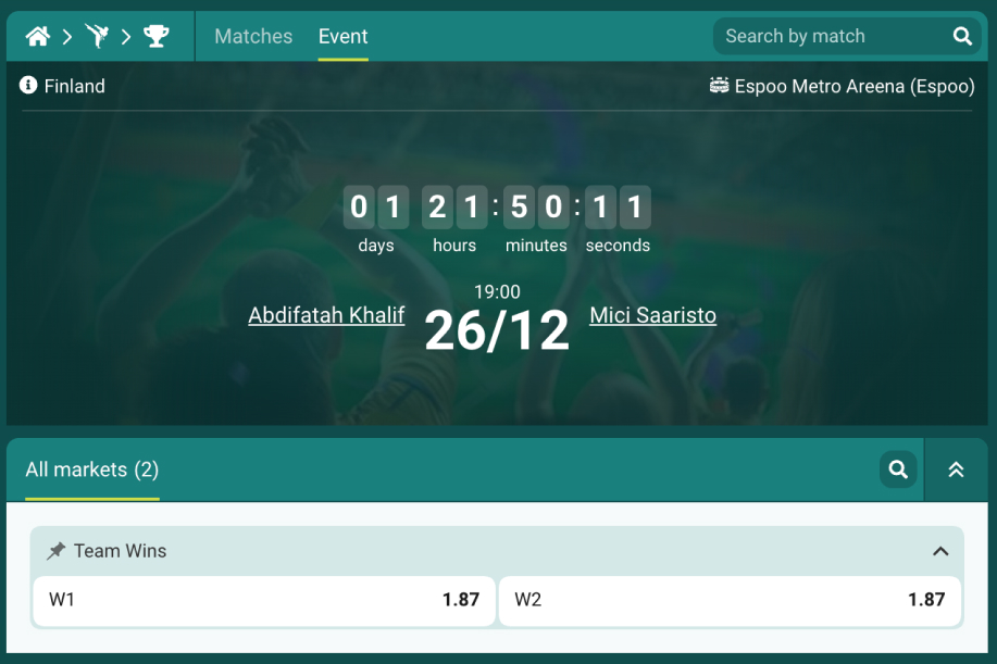 Vivat bet Ice Cage 6 vedonlyönti näyttää Khalif vs. Saaristo kertoimet ja että tapahtumaan on aikaa alle kaksi vuorokautta.