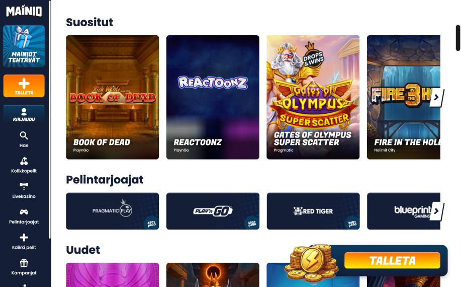 Kuvassa auki Mainio nettikasino ja kasinon aulassa näkyy suomenkielisten suosimia pelejä kuten Reactoonz ja Book of Dead