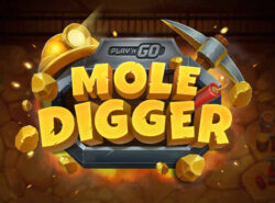 Mole Digger pelin kaivosteemainen logo. Logossa näkyy myös Play'n GO studion logo.