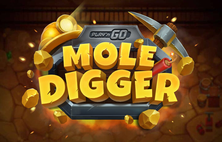 Mole Digger pelin kaivosteemainen logo. Logossa näkyy myös Play'n GO studion logo.