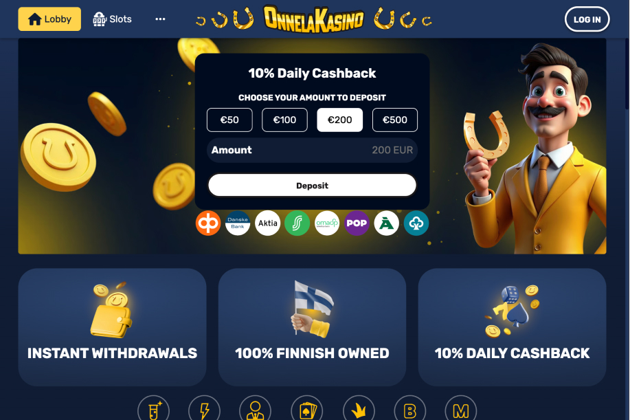 Kuvassa Onnela Kasinon pikakasino-talletusmoduuli mikä toimii OP, Danske, Aktia, S-, OmaSP, POP, Åland ja Säästö -pankeilla. Myös Nordealla toimii vaikka sitä ei ole kuvassa merkattu. Onnela kertoo tarjoavansa nostot pikana, olevansa suomalaisesti omistettu ja tarjoaa 10% päivittäisen käteispalautuksen.