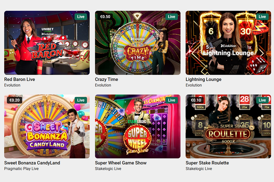 Nettikasinolla näkyy livekasinopelejä kuten Red Baron Live ja Crazy Time.