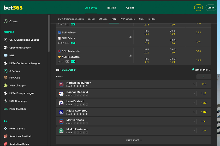 Kuvassa näkyy Bet365 vedonlyöntiä ja sen NHL kohteita missä mukana myös Mikko Rantanen suosikkina pisteiden voittamiseen.