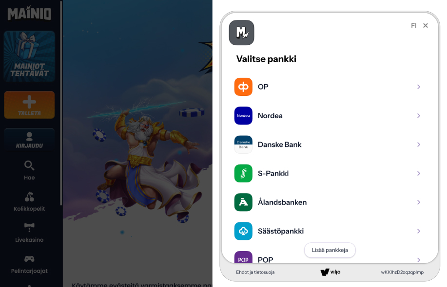 Mainio Casinon kirjautumis- tai talletusnäkymä, jossa käyttäjä valitsee pankin Viljo-maksunvälittäjän kautta. Listalla näkyvät suomalaiset pankit kuten OP, Nordea, Danske Bank, S-Pankki, Ålandsbanken, Säästöpankki ja POP.