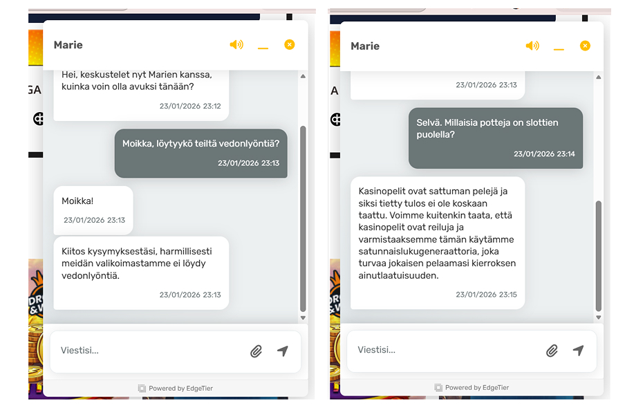 Kaksi ruutukaappausta kasinon asiakaspalveluchatista, jossa “Marie”-niminen botti vastaa kysymyksiin vedonlyönnin puuttumisesta ja slottien voitoista yleisluontoisilla, tekoälymäisillä vastauksilla.