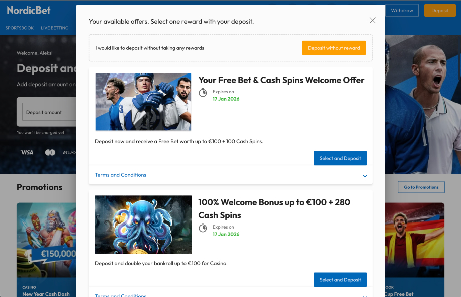 NordicBetin tervetuliaisbonukset ja talletukseen liitettävät kampanjat.