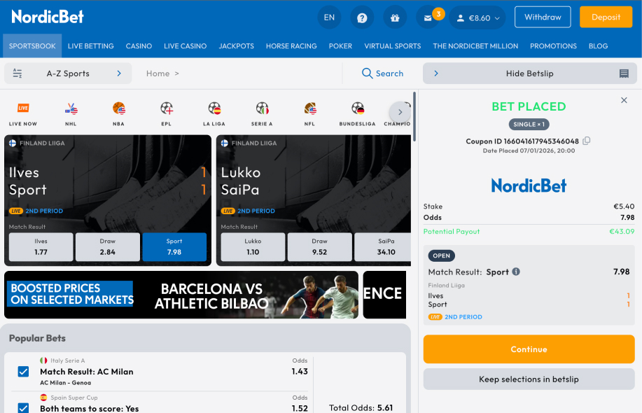 Nordicbet vedonlyöntinäkymä.