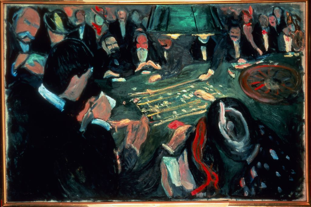 Kuva maalauksesta jossa ihmiset pelaavat rulettia.