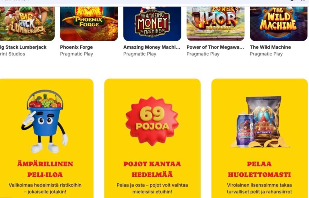 Kuvankaappaus Pottila-kasinon etusivulta. Kuvassa näkyy pelejä eri studioilta ja Pottilan kampanjoita kuten "Pojot" esiteltynä. Kuvasta näkee myös että Pottilalla on Viron pelilisenssi.