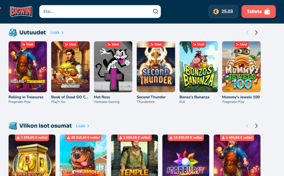 Big Win nettikasinon aula. Käyttäjän saldo on 25 euroa. Ruudulla näkyy eri pelejä kuten Hot Ross ja The Dog House.