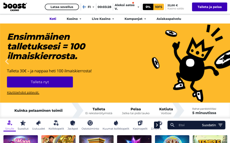 Boost nettikasinon aula. Käyttäjätiedoista näkyy että Aleksi Aatos V saldo on 22 euroa. Aulassa listattuna pelejä ja ylhäällä näkyy iso banneri mikä kertoo että tervetulaistarjous on 100 ilmaiskierrosta, kunhan vaan talletat 30 euroa.