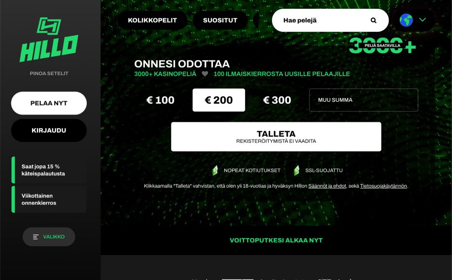 Hillo etusivu, kuvasta näkee heti että kyseessä on nettikasino ilman rekisteröitymistä.