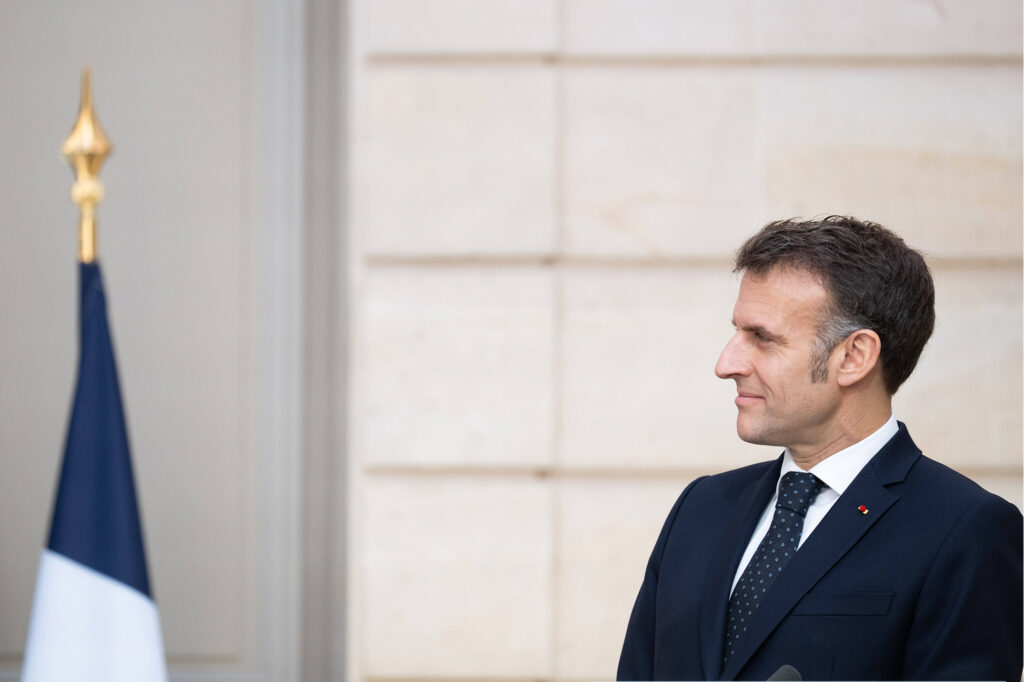 Ranskan presidentti Emmanuel Macron pitää puheen lehdistötilaisuudessa Suomen tasavallan presidentin kanssa ennen työlounaata Élysée-palatsissa Pariisissa maanantaina 23. helmikuuta 2026.