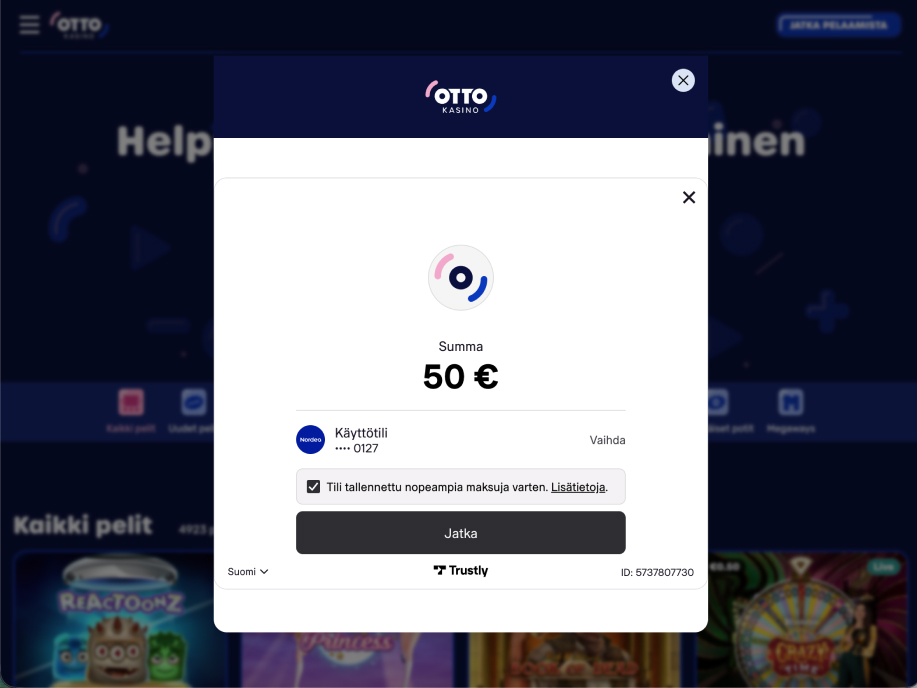 Otto Kasinon 50 euron talletusikkuna, maksutapana Trustly ja suomalainen Nordea verkkopankkitili valittuna.