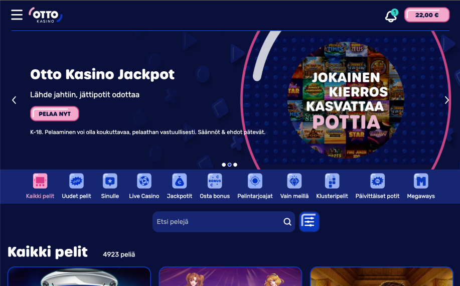 Otto Kasinon etusivu, bannerissa jackpot-mainos ja navigaatiopalkissa kategoriat kuten Kaikki pelit, Live Casino ja Jackpotit.