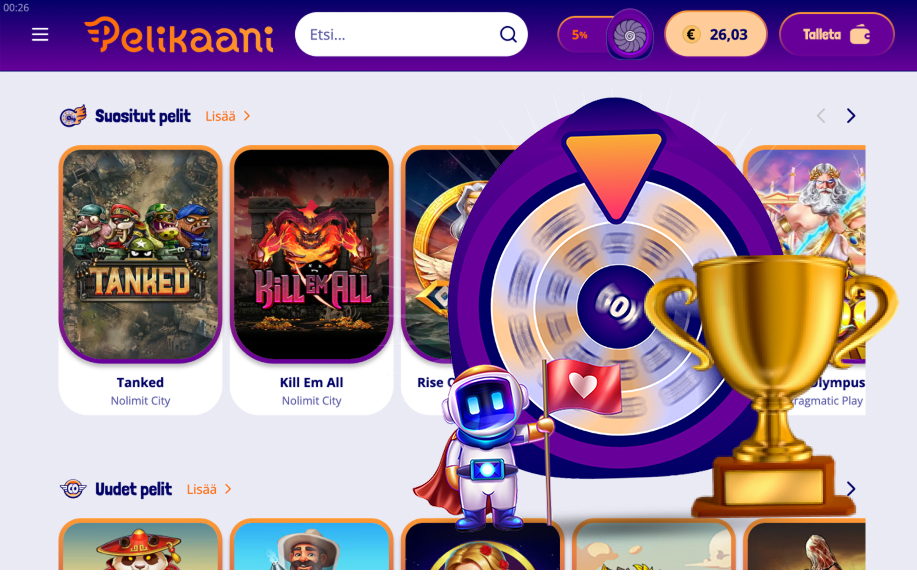 Rahapelisanomat testaaja kirjautunut sisälle Pelikaani-nettikasinoon. Saldo 26 € ja sivulla näkyy pelejä Nolimit City:ltä, Play'n GO:lta ja Pragmatic Play:lta. Kuvaan lisätty pokaali ja nettikasinon tarjousturbiini.