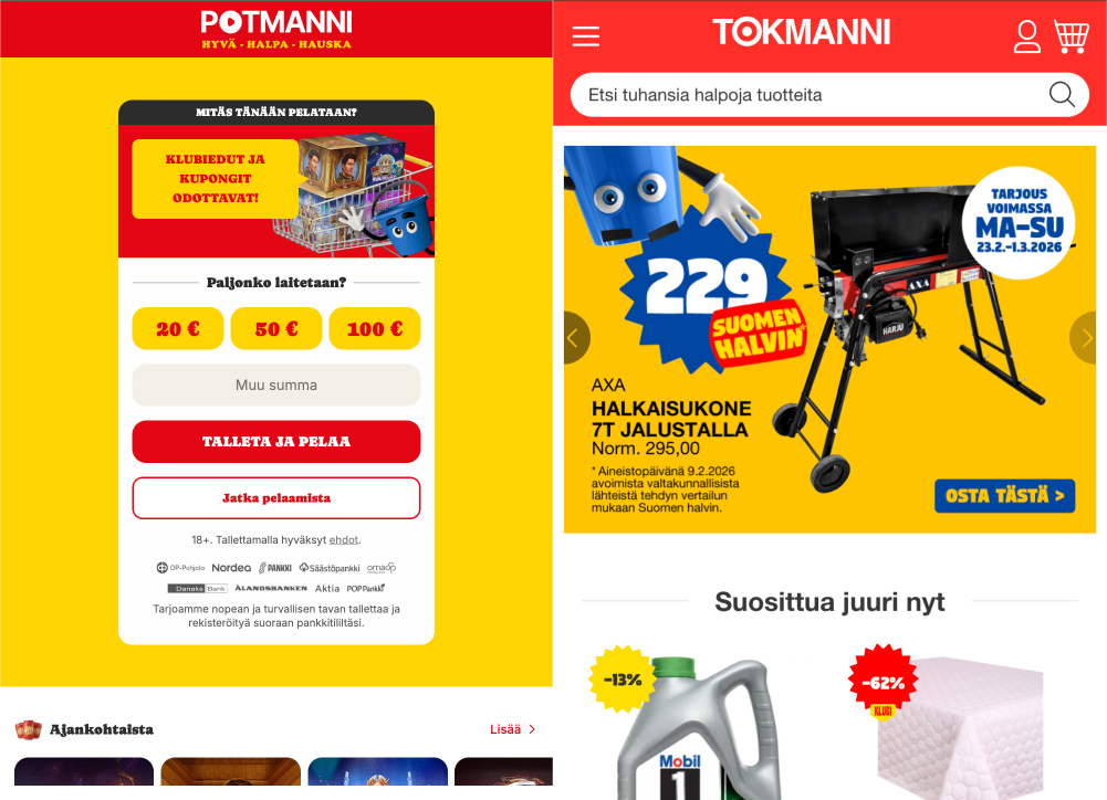 Jaettu näkymä, jossa vasemmalla Potmanni-kasinon talletussivu 20, 50 ja 100 euron valinnoilla ja oikealla Tokmannin verkkokaupan etusivu, jossa mainostetaan halkomakonetta hintaan 229 euroa.
