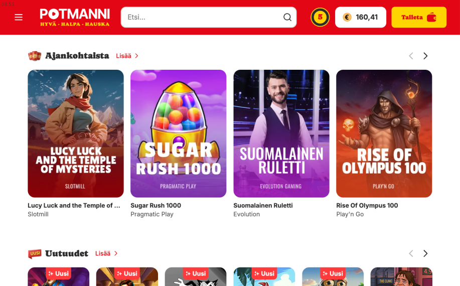 Potmanni aula. Pelaajan saldo näyttää 160 euroa. Ruudulla pelejä kuten Suomalainen Ruletti peli.
