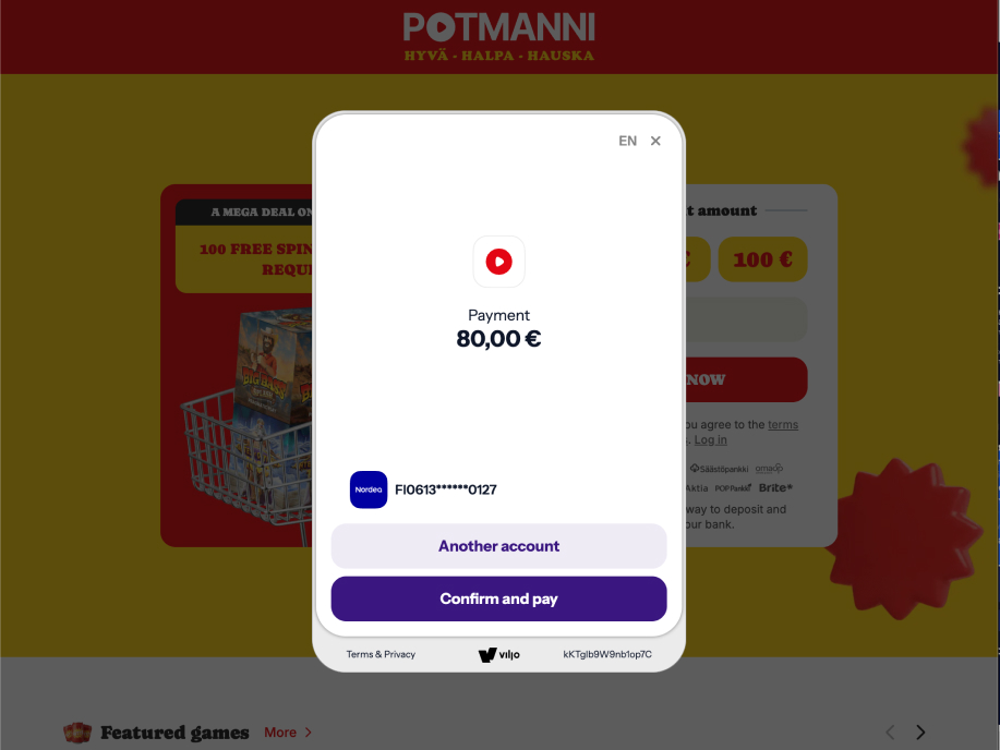 Potmanni-kasinon talletusikkuna, jossa 80 euron maksu vahvistetaan verkkopankkitilin kautta ja painikkeena on Confirm and pay.