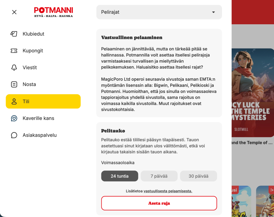 Potmanni-kasinon tiliasetusten näkymä, jossa kerrotaan vastuullisesta pelaamisesta ja mahdollisuudesta asettaa pelirajoja tai ottaa 24 tunnin, 7 päivän tai 30 päivän pelitauko.