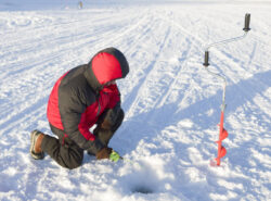 Mies pilkkii Ivalojoella.