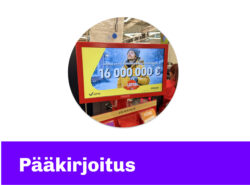 Kuvassa teksti "Pääkirjoitus" ja kuva Loton 16 miljoonan euron jättipottia mainostavast kyltistä kaupan kassalla.