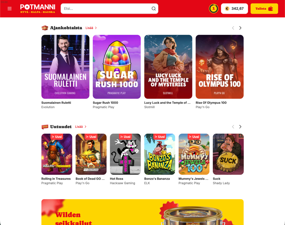 Potmanni-kasinon etusivu, jossa näkyy pelivalikoimaa kuten Suomalainen Ruletti, Sugar Rush 1000, Lucy Luck and the Temple of Mysteries ja Rise of Olympus 100 sekä talletuspainike ja pelisaldo.
