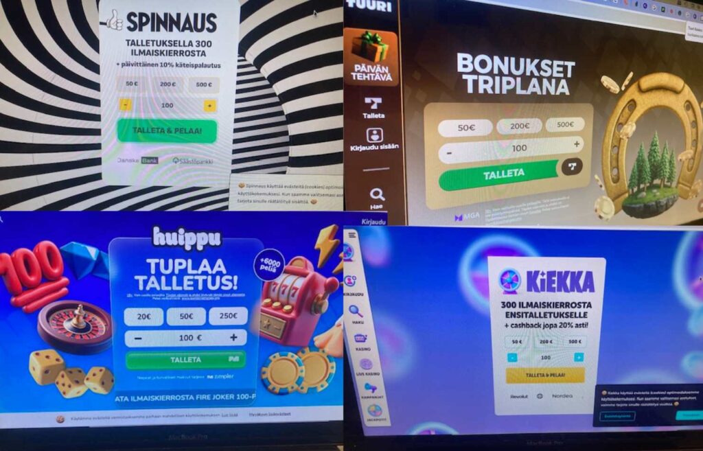 Kuva kollaasi uusista kasinoista mitä Rahapelisanomat on testaamassa. Mukana muun muassa Spinnaus ja Tuuri-kasino. Kaikki kasinot ovat kasinoita ilman rekisteröitymistä mikä selviää siitä että ne tarjoavat talletusta heti etusivullaan.
