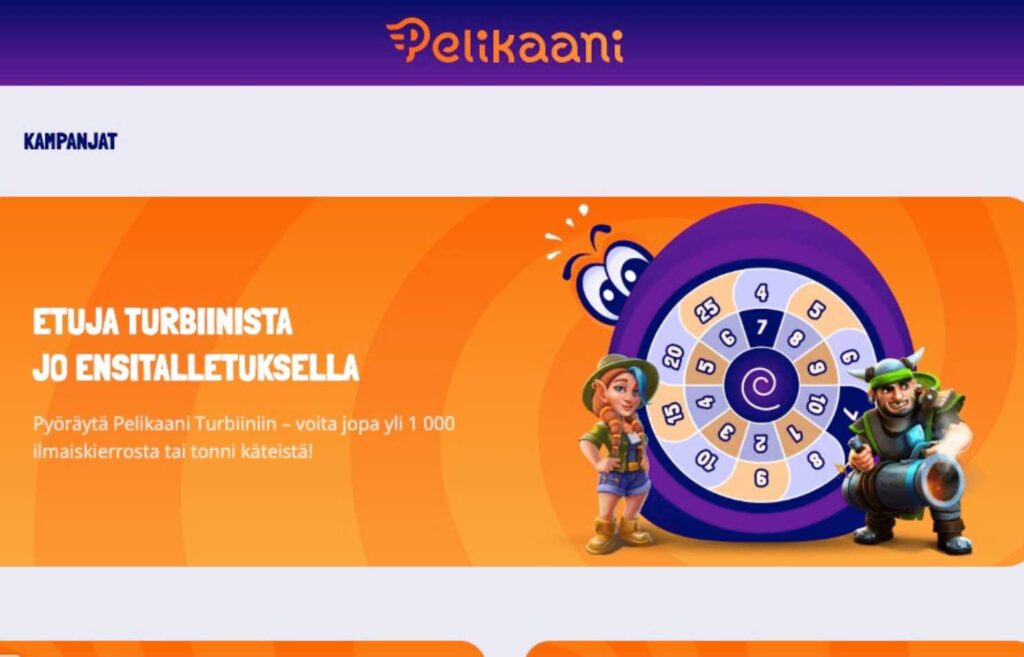 Kuvassa Pelikaani kasinon etusivu jossa Turbiini onnenpyörä ja kaksi hahmoa mies ja nainen