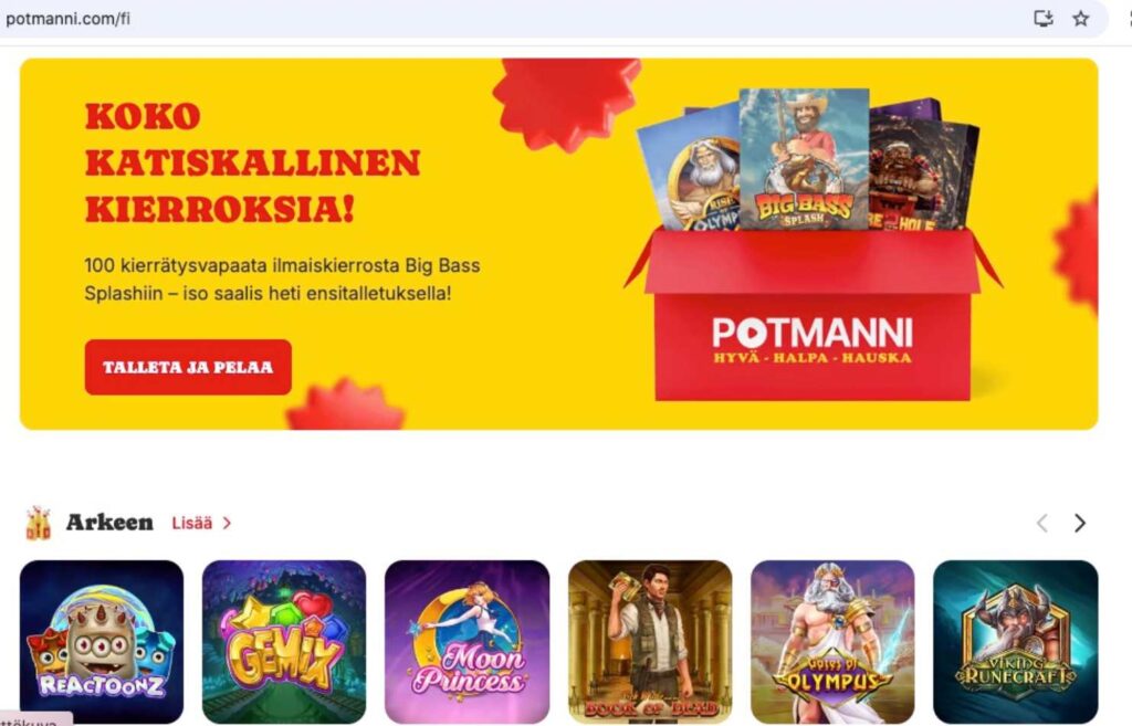 Potmanni kasinon sivu ilmaiskierroksista. Potmanni tarjoaa 100 kierrätysvapaata ilmaiskierrosta.